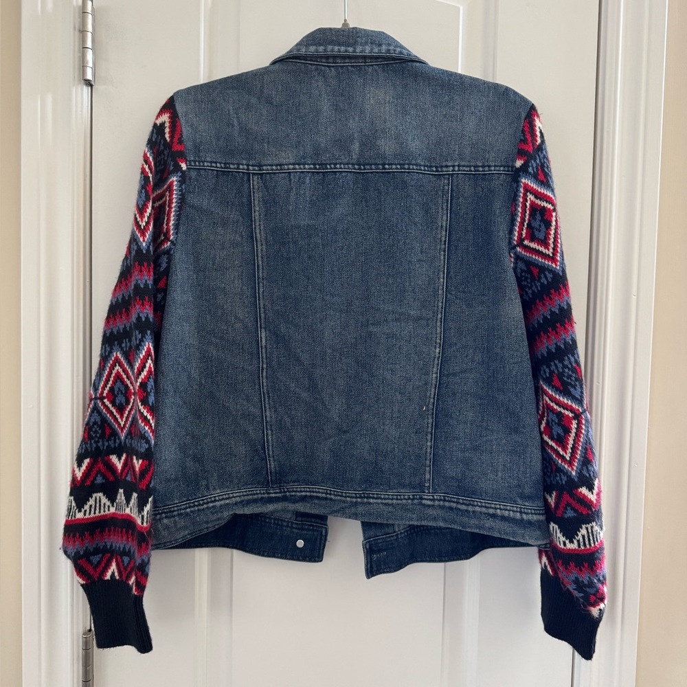 Stevie Hender Mixed Media Denim Jacket L Knit Balloon Sleeves Western Aztec Boho - Picture 2 of 10
